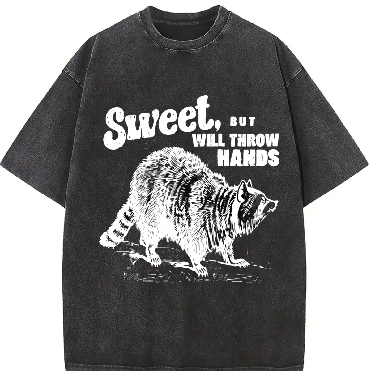 Retro Sweet but Throw Hands Raccoon 90s Vintage Washed T-Shirt in Black
