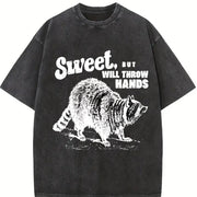 Retro Sweet but Throw Hands Raccoon 90s Vintage Washed T-Shirt in Black