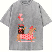 Valentine's Day Spring/ Dachshund Delivering Flowers Vintage Washed T-Shirt in Gray