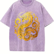 Retro Gold Chinese Dragon 90s Vintage Washed T-Shirt in Purple