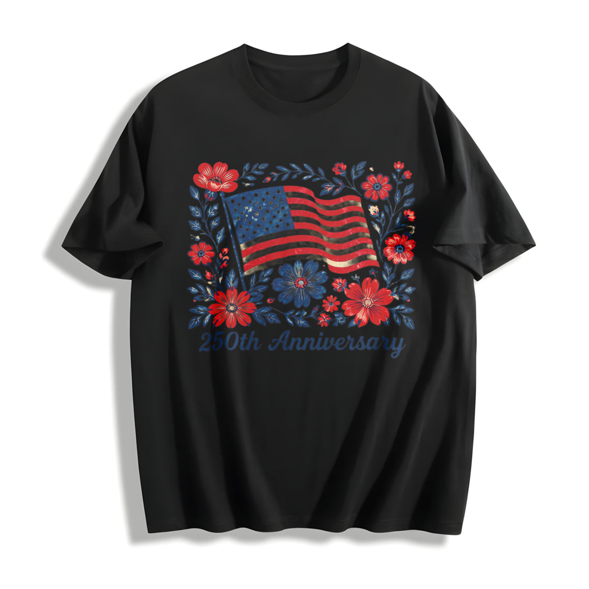 4th July 250th Year Floral USA Flag Cotton T-Shirt in Black