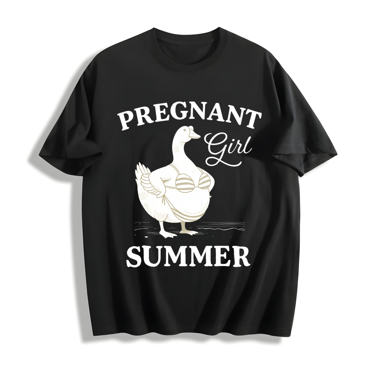 Pregnant Girl Bikini Goose Parody Meme Boxy DTG Cotton T-Shirt in Black