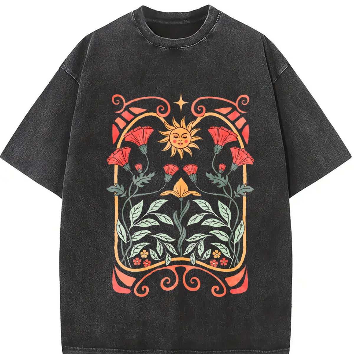 Boho Wildflowers Boho Floral Art Nouveau Vintage Washed T-Shirt in Black