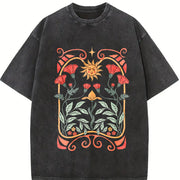 Boho Wildflowers Boho Floral Art Nouveau Vintage Washed T-Shirt in Black