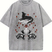Fantasy Mysterious Floral Fox Skull Rabbit One-piece Vintage Washed T-Shirt in Gray