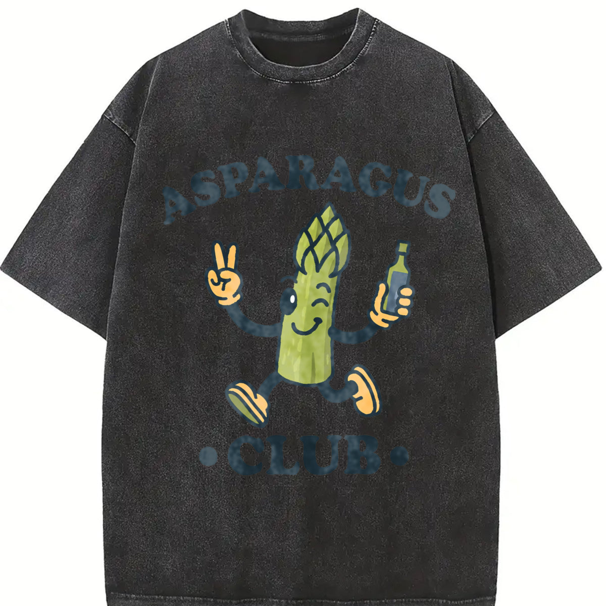 Asparagus Club Veggie Lover Retro Cartoon Vintage Washed T-Shirt in Black