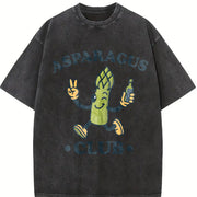 Asparagus Club Veggie Lover Retro Cartoon Vintage Washed T-Shirt in Black