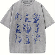 Retro Cats Tattoo 90s Vintage Washed T-Shirt in Gray