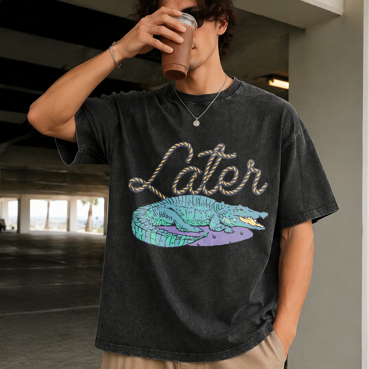 Later Gator Alligator Vintage Washed T-Shirt in Black