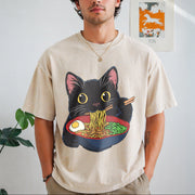 Cat Ramen Cute Vintage Washed T-Shirt in Beige
