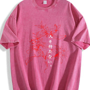 Japanese Floral & Text Distressed Sleeveless Tank Vintage Washed T-Shirt in Red