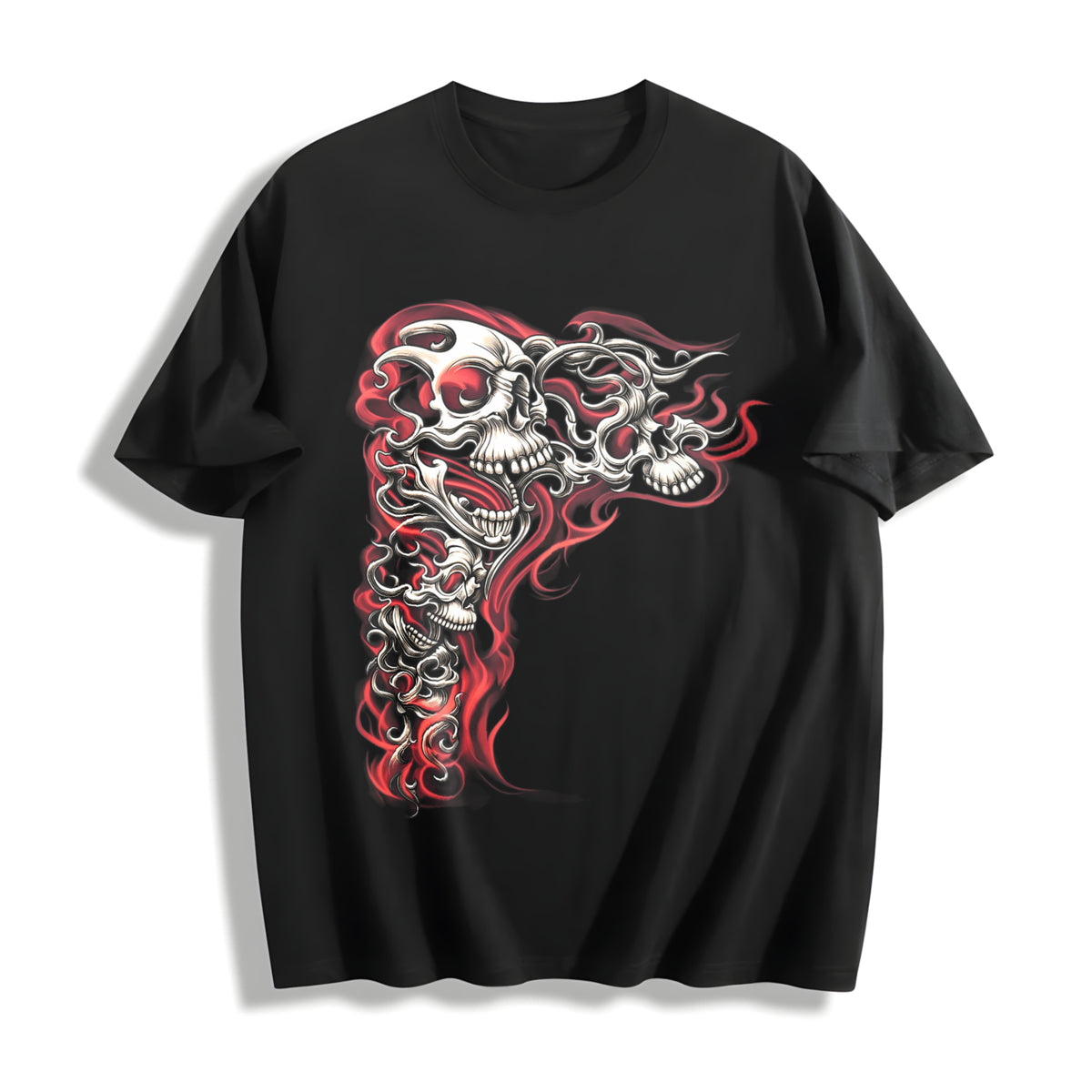 Y2K Gothic Punk Flaming Skulls Biker Grunge Affliction Cotton T-Shirt in Black