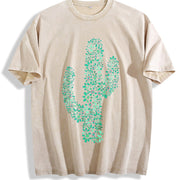 Turquoise Cactus Inspired Western Cowgirl Vintage Washed T-Shirt in Beige