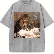 Smoking Cat Tattooing a White Cat Vintage Washed T-Shirt in Gray