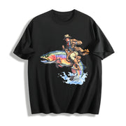 Cowboy Riding Trout Western Fishing Retro Cotton T-Shirt in Black