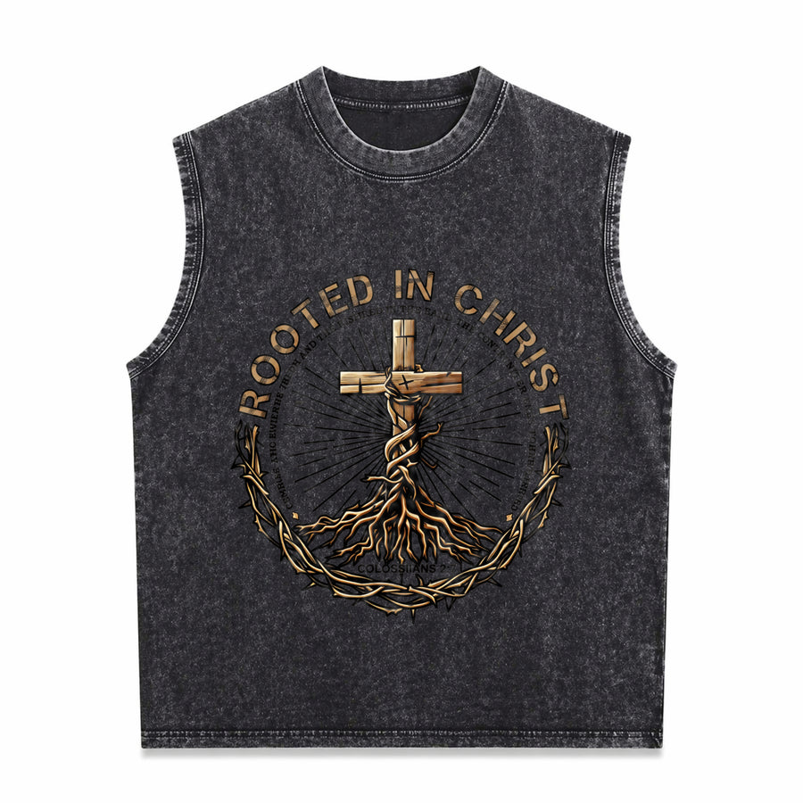 Rooted in Christ Jesus Vintage Washed Tank Top in Black