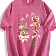 Koi Fish and Lotus Vintage Washed T-Shirt in Red