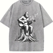 Retro Bigfoot Playing Guitar 90s Vintage Washed T-Shirt in Gray