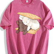 Two Rabbits Lying Blouse for & Vintage Washed T-Shirt in Red