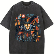 Bohemian Floral Horse One-piece Vintage Washed T-Shirt in Black