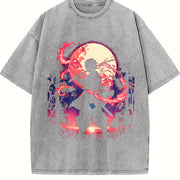 Demon Slayer Kimetsu No Yaiba 2-Sided Printing vintage washed oversized T-shirt in Gray