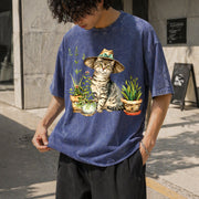 Cat and Plant Gardening Cat Vintage Washed T-Shirt in Blue