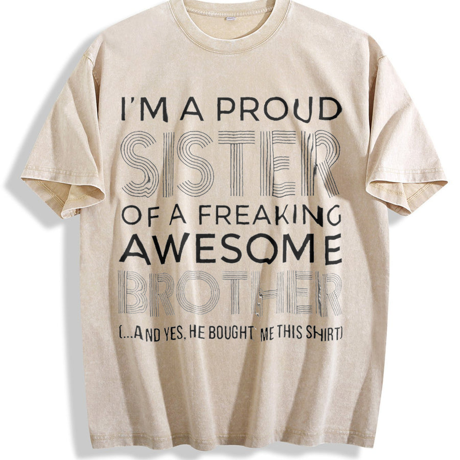 Style – Proud Sister and Awesome Brother vintage washed oversized T-shirt in Beige