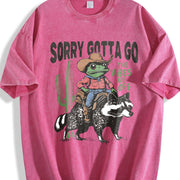 Raccoon Cowboy Frog Retro Vintage Washed T-Shirt in Red