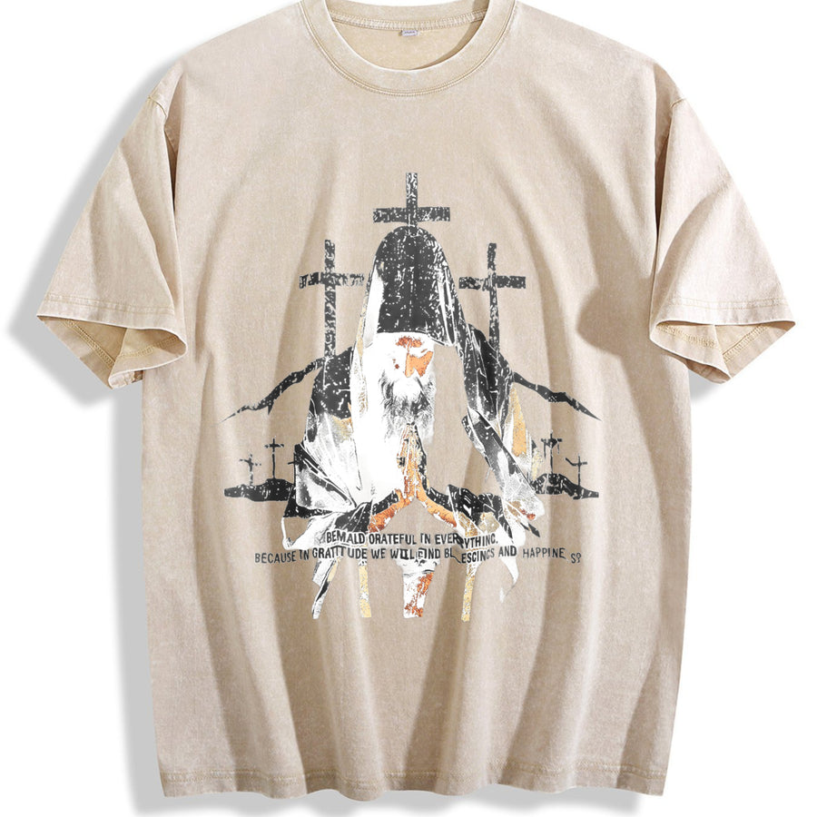 Religious Prayer Cross Black Grunge Vintage Washed T-Shirt in Beige