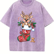Christmas Reindeer and Candy Cane Vintage Washed T-Shirt in Purple