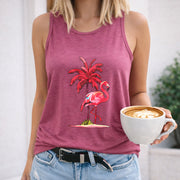 Flamingo Palm Tree Island Scene Crew-neck Sleeveless Vest Women's Color Cotton Tank Top in Red