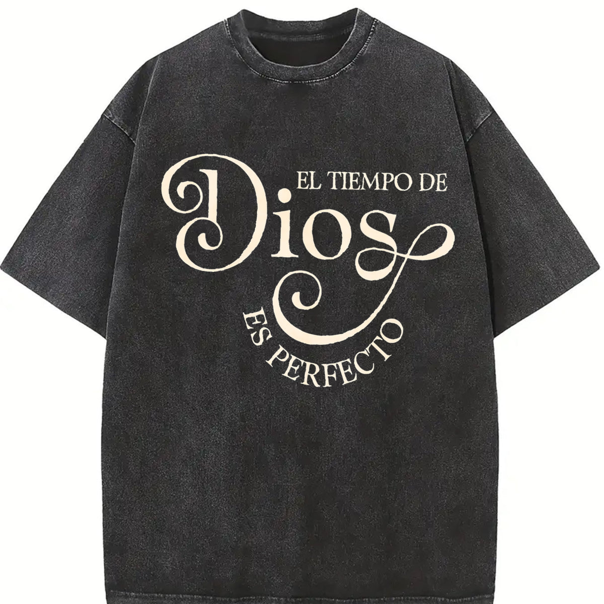 Stylish El Tiempo De Dios Es Perfecto for Spring vintage washed oversized T-shirt in Black
