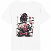 Japanese Geisha Cherry Blossoms Cotton T-Shirt in White