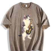 Saxophone Cat Retro Jazz Music Cats Vintage Washed T-Shirt in Brown