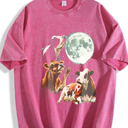 Cow Howling at Moon 90s Vintage Washed T-Shirt in Red