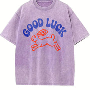 Retro Good Luck Rabbit Vintage Washed T-Shirt in Purple