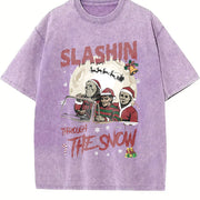 Horror Characters Christmas Vintage Washed T-Shirt in Purple