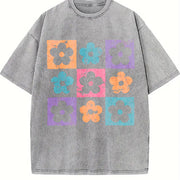 Checkered Flowers Retro Checkered Spring Vintage Washed T-Shirt in Gray