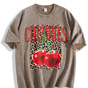 Fun Hip-Hop Leopard Cherry Letters Personalized Street vintage washed oversized T-shirt in Brown