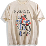 Simple Letter and Peace Heart One-piece Vintage Washed T-Shirt in Beige