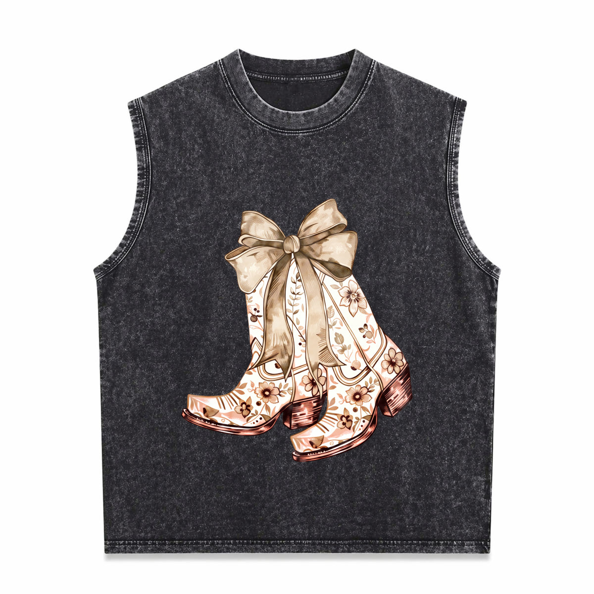 Cowgirl Chinoiserie Floral Boot Vintage Washed Tank Top in Black