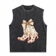 Cowgirl Chinoiserie Floral Boot Vintage Washed Tank Top in Black