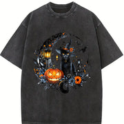 Gothic Witch Black Cat & Bats Vintage Washed T-Shirt in Black