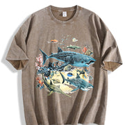 Marine Biology Ocean Sharks Illustration Boxy Vintage Washed T-Shirt in Brown