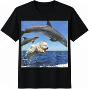 Dog and Dolphins Ocean Puppy Beach Cotton T-Shirt in Black