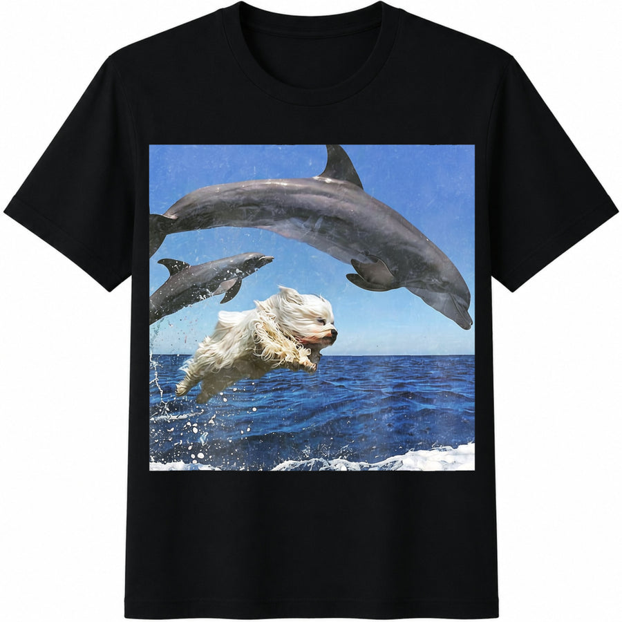 Dog and Dolphins Ocean Puppy Beach Cotton T-Shirt in Black