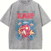 Jaws x Magikarp Poke Anime vintage washed oversized T-shirt in Gray