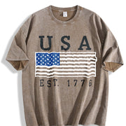 Embroidered USA Flag Vintage Washed T-Shirt in Brown