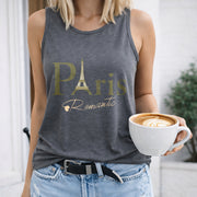 Paris Romantic Eiffel Tower Heart Crew-neck Sleeveless Women's Color Cotton Tank Top in Gray