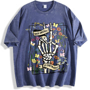 Good Energy Is Contagious Floral Skeleton vintage washed oversized T-shirt in Blue